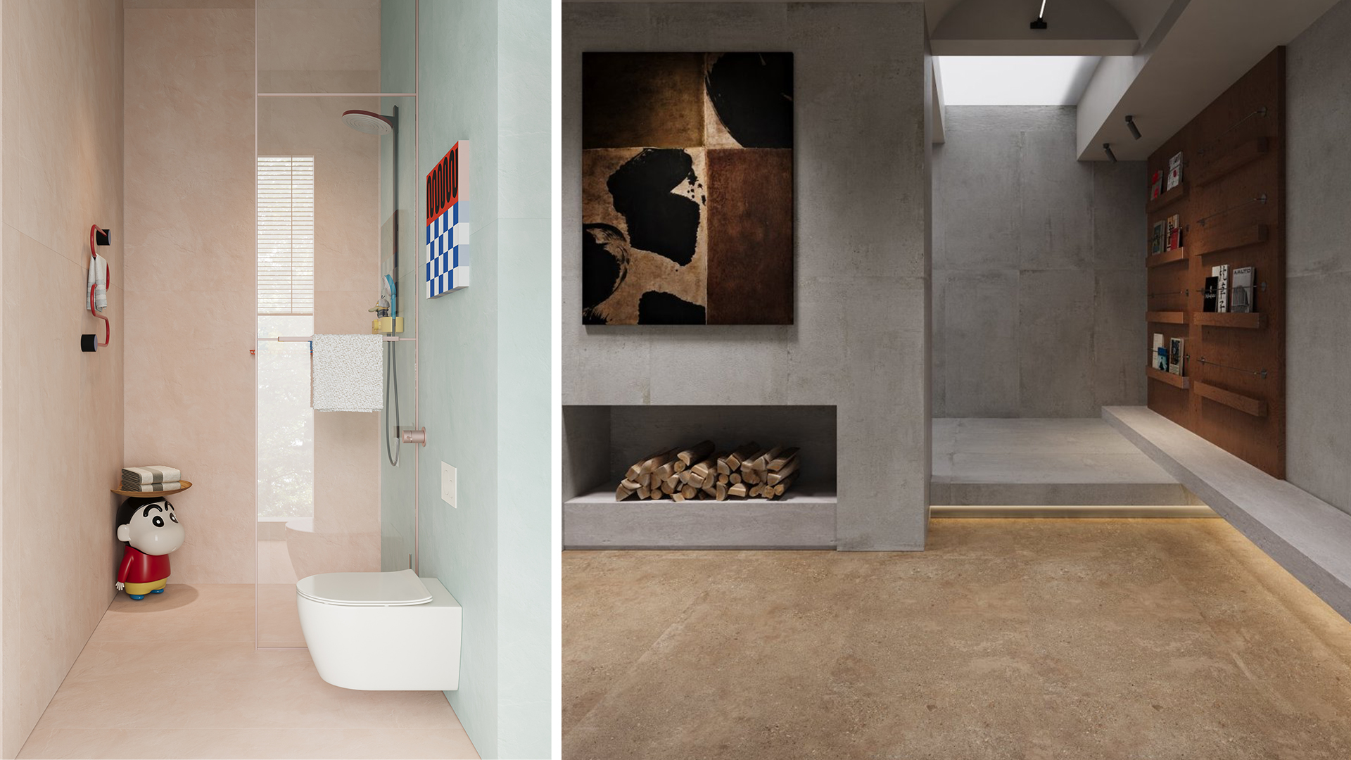 TileBar bathroom with natural stone walls and a freestanding vanity